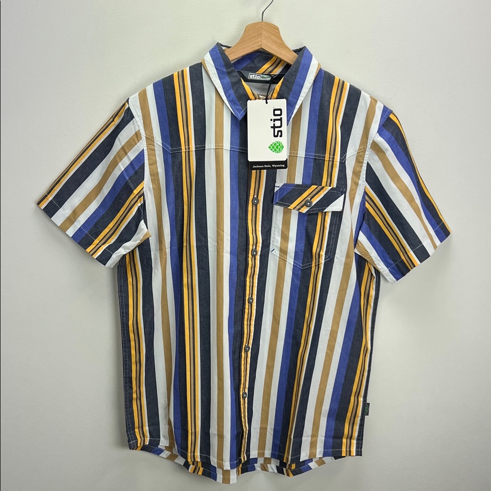 Stio Curtis Camp Shirt Organic Cotton Mens Large Striped Casual Sustainable